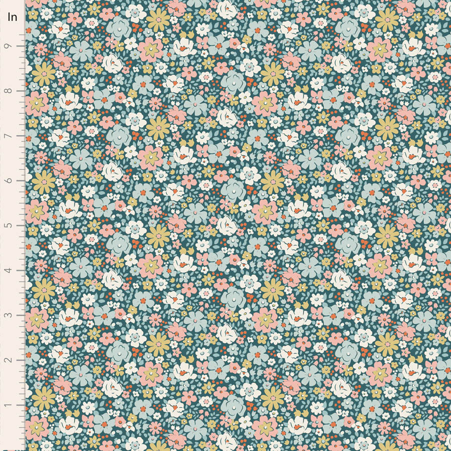 Tilda Village Life Esther in Petrol fabric, TIL100689