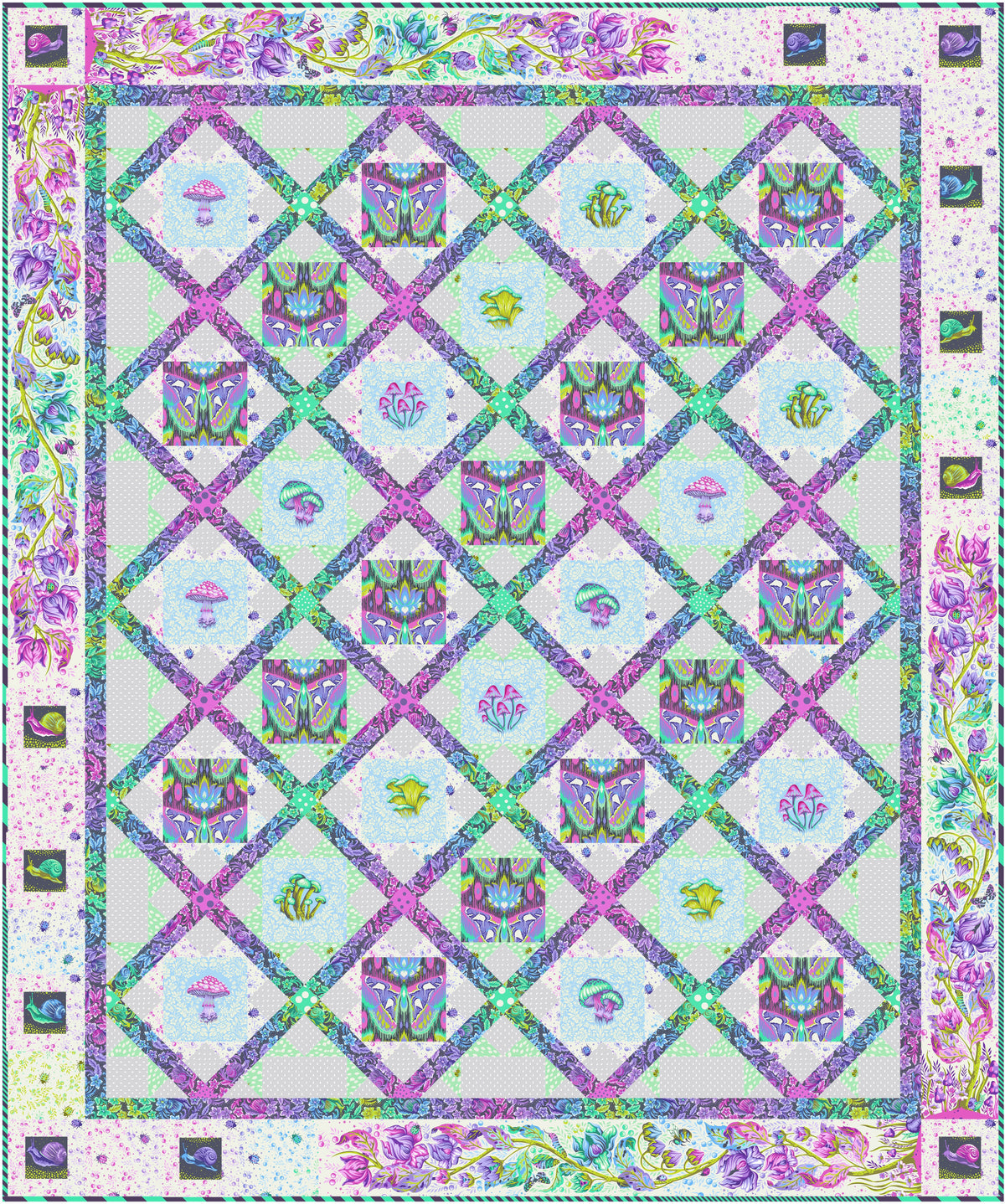 Lattice Blooms quilt design - Daybreak featuring Tula Pink fabrics; finished quilt measures 71 x 85 inches.