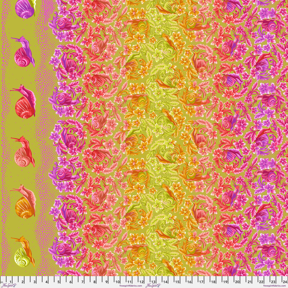 Snailed It! in Afterglow by Tula Pink, Down to Earth cotton fabric.