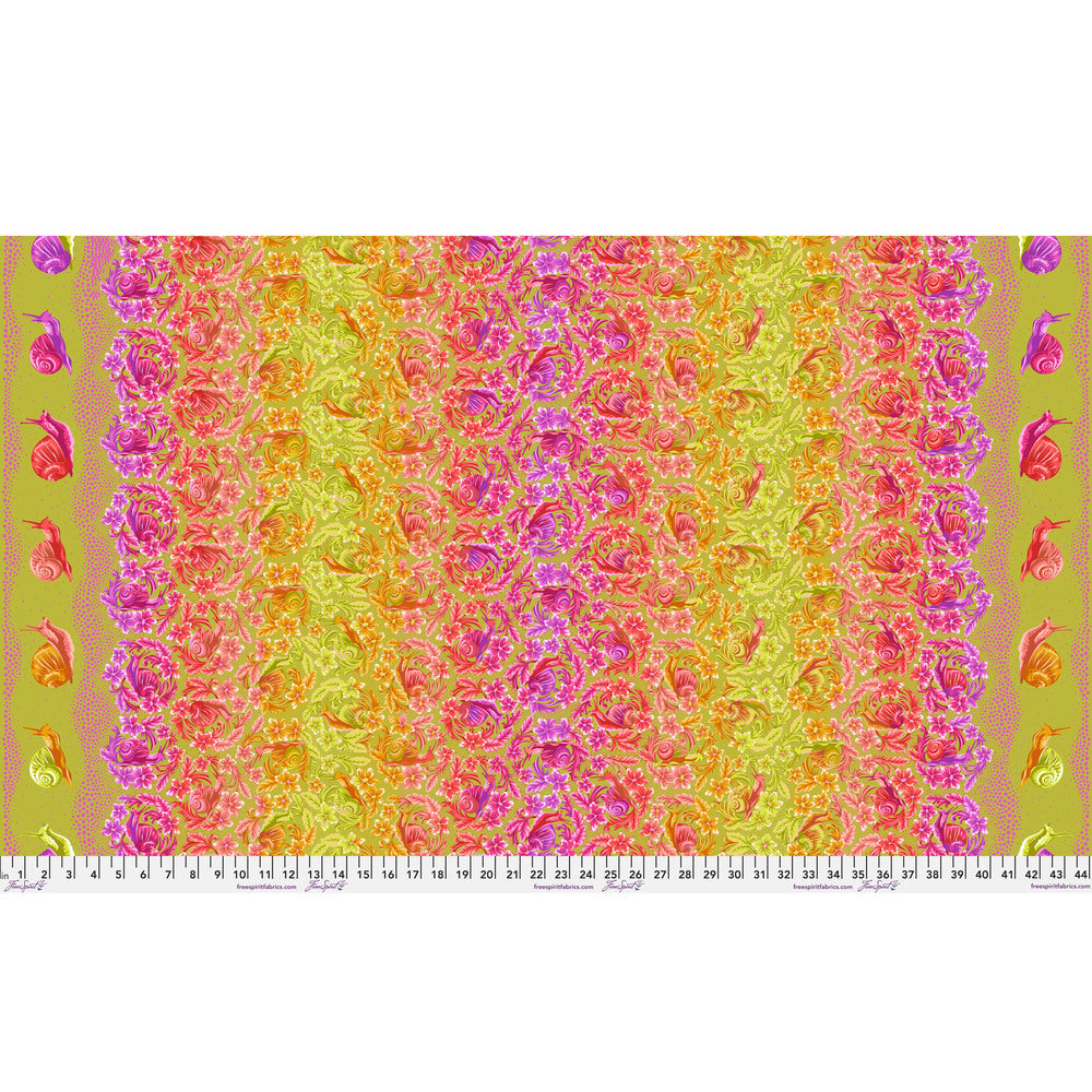 Snailed It! in Afterglow by Tula Pink, Down to Earth cotton fabric, full-width design.