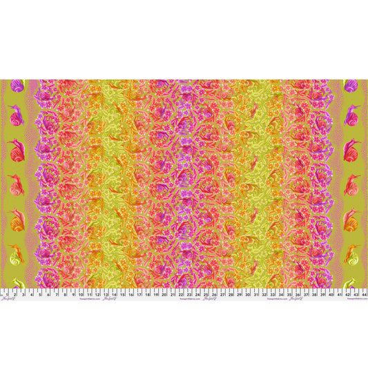 Snailed It! in Afterglow by Tula Pink, Down to Earth cotton fabric, full-width design.