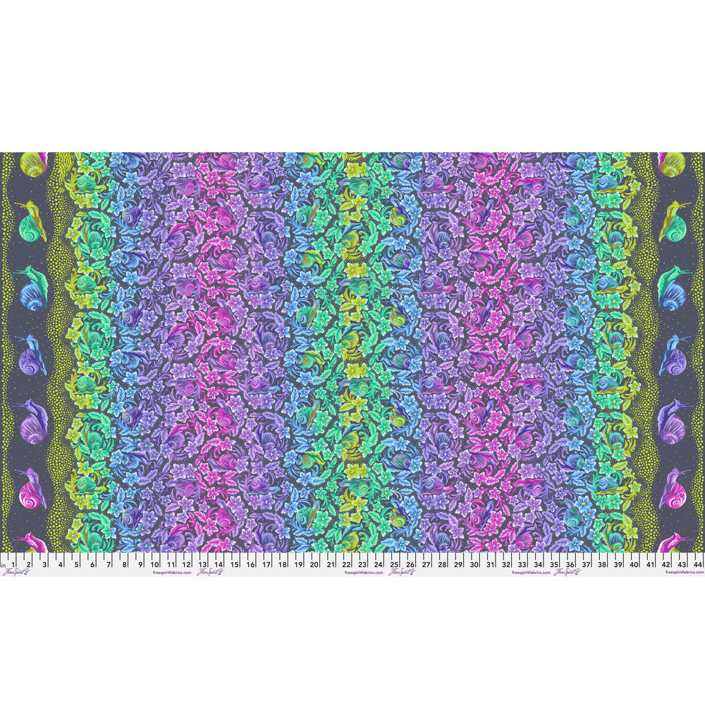 Snailed It! in Daybreak by Tula Pink, Down to Earth cotton fabric, full-width design.