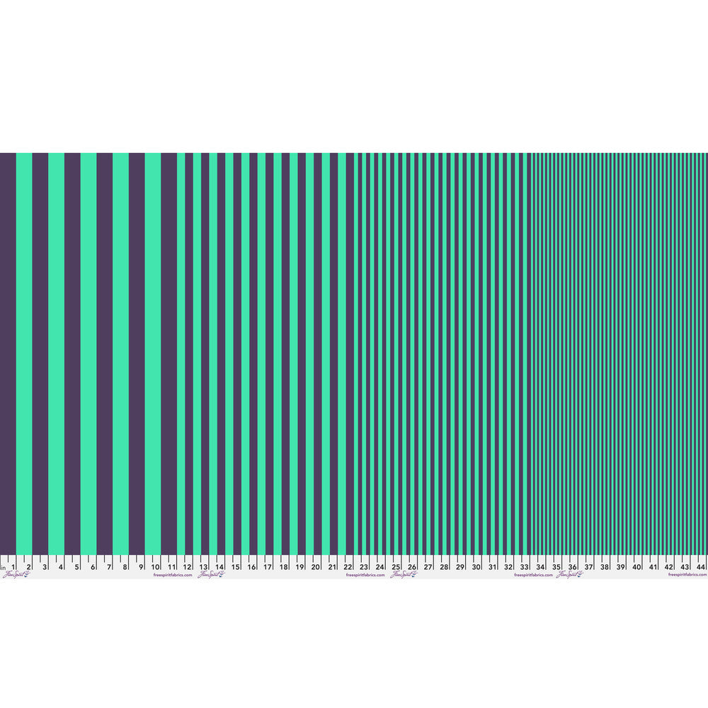 Sticks in Blue Lagoon by Tula Pink — full-width fabric view showing four stripe sizes.