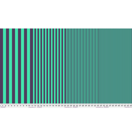 Sticks in Blue Lagoon by Tula Pink — full-width fabric view showing four stripe sizes.