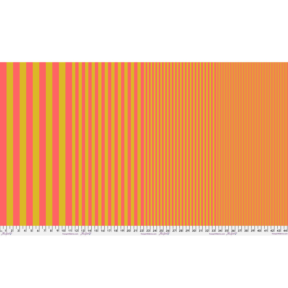 Sticks in Cantaloupe by Tula Pink — full-width fabric view showing four stripe sizes.