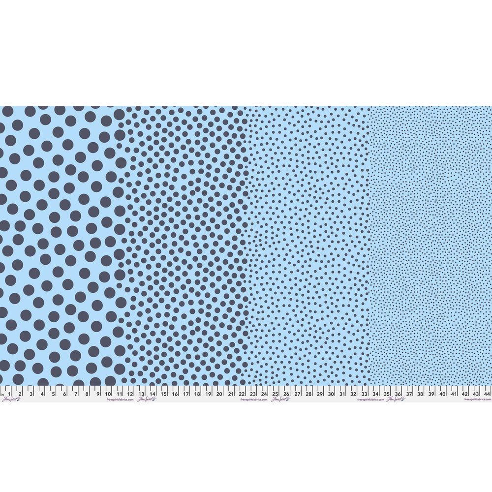 Stones in Denim by Tula Pink — full-width fabric view showing four dot sizes.