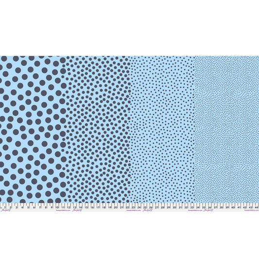 Stones in Denim by Tula Pink — full-width fabric view showing four dot sizes.