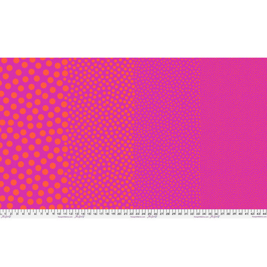 Stones in Pinkerberry by Tula Pink — full-width fabric view showing four dot sizes.
