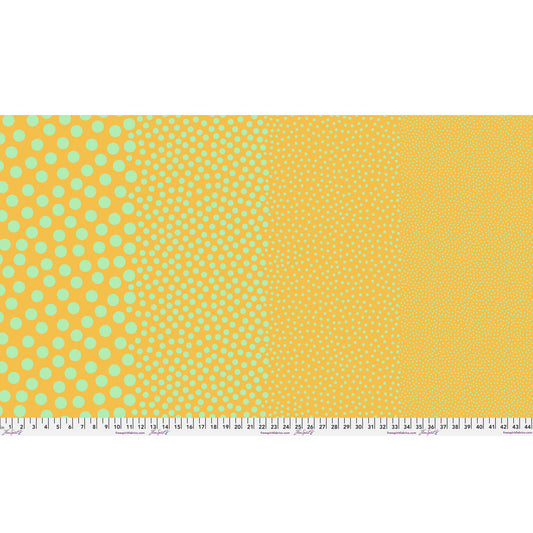 Stones in Sunflower by Tula Pink — full-width fabric view showing four dot sizes.